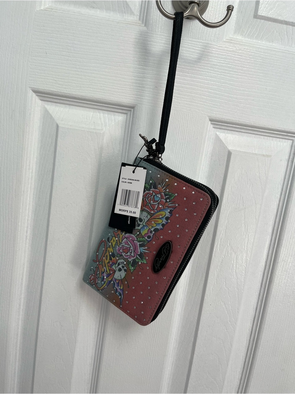Ed Hardy Denim New Double Zip Around Wristlet Skull Butterflies rose charm ombré